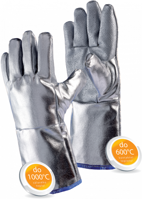 Tepelně odolné rukavice s povlakem silikonu a Al vrstvou do 600 °C kontaktního a 1000 °C sálavého tepla